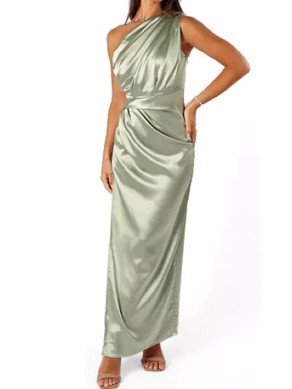 Petal & Pup Sage Satin One Shoulder Cutout Maxi Dress Size 2 NWOT